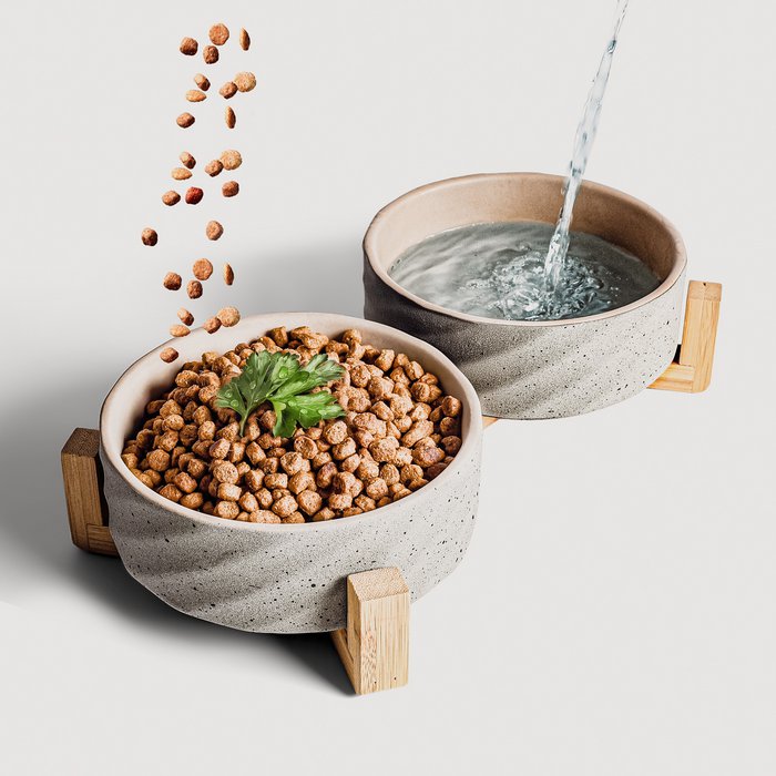 NE & NO Ceramic Double Food Bowl with Bamboo Base